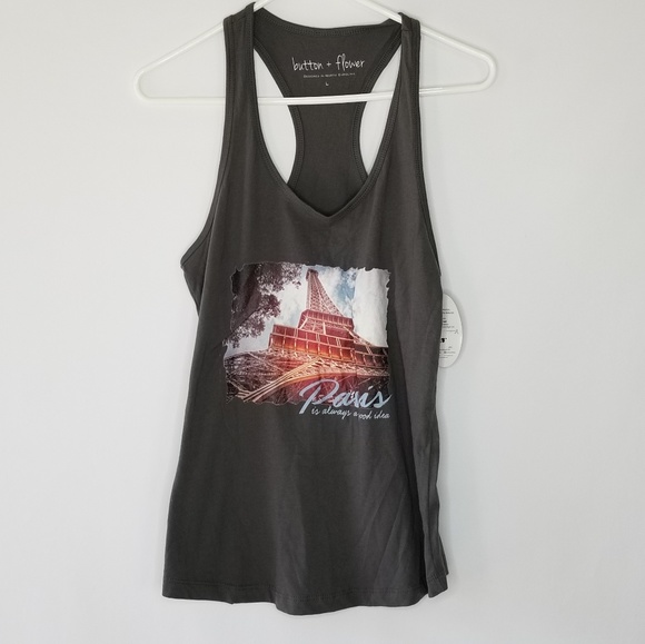 Button & Flower Tops - New Graphic Tank Top Size Large Gray Grey